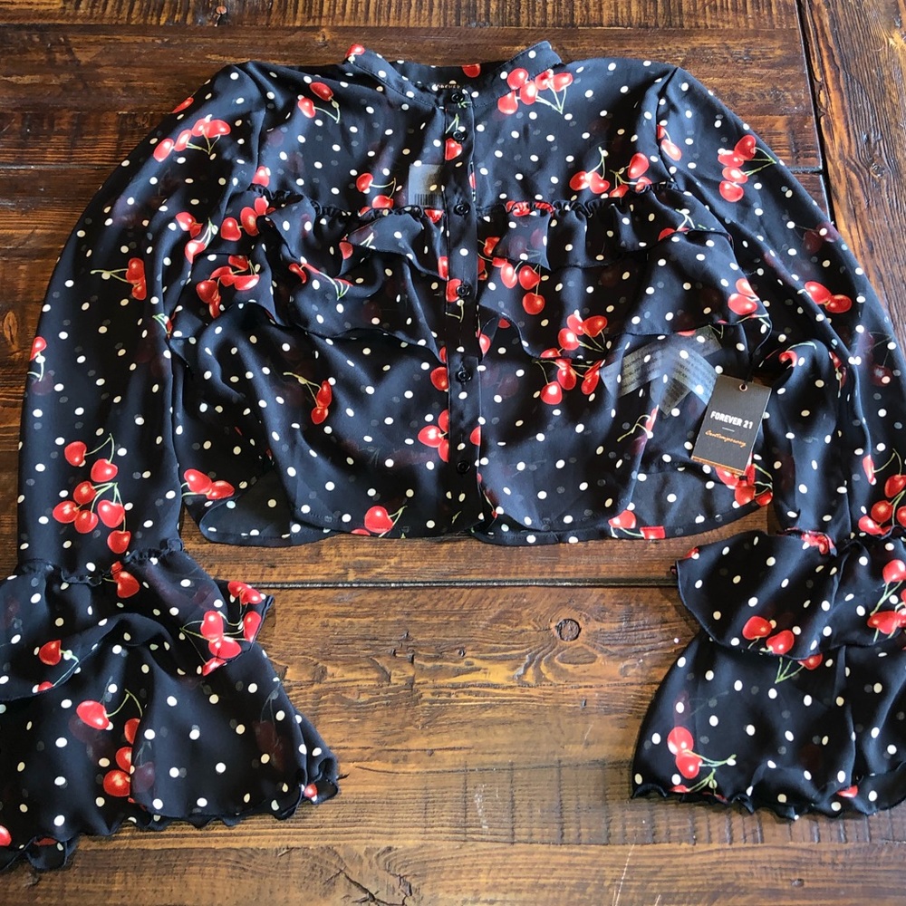 Forever 21 cherry dot crop ruffle top Medium